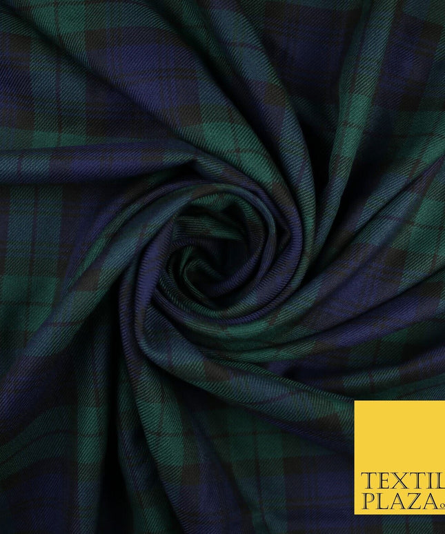 Black Watch Modern Tartan Check Green Blue Poly Viscose Fabric 58" Dress 10182