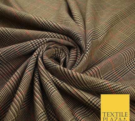 Beige with Black & Red Tartan Check Dogtooth Scottish Polyviscose Fabric 10188