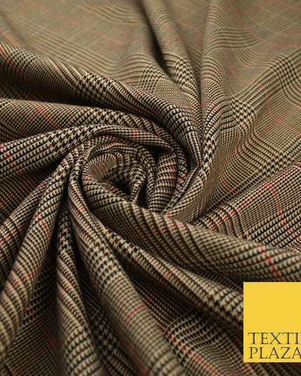 Beige with Black & Red Tartan Check Dogtooth Scottish Polyviscose Fabric 10188