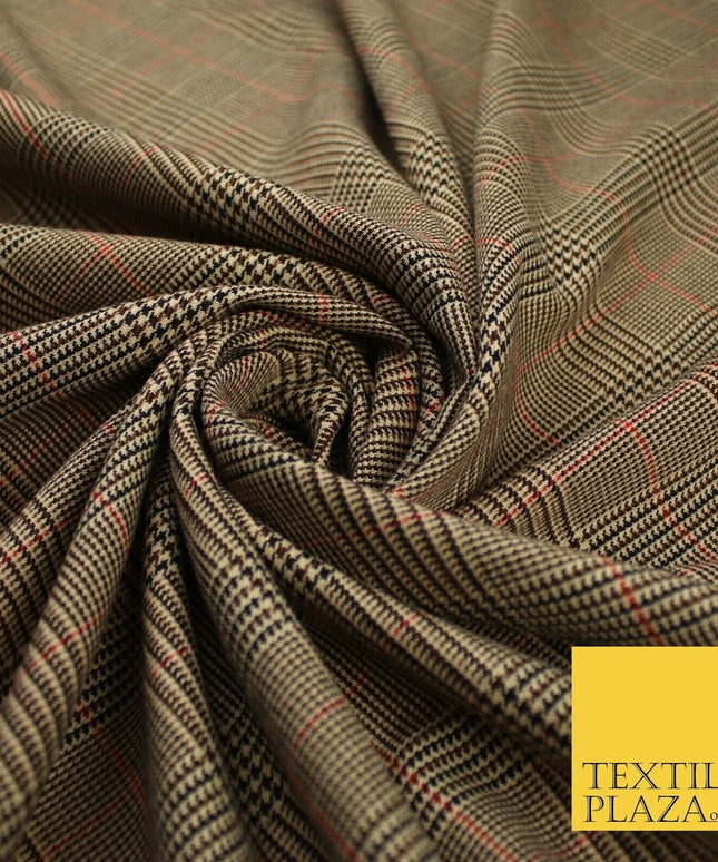 Beige with Black & Red Tartan Check Dogtooth Scottish Polyviscose Fabric 10188