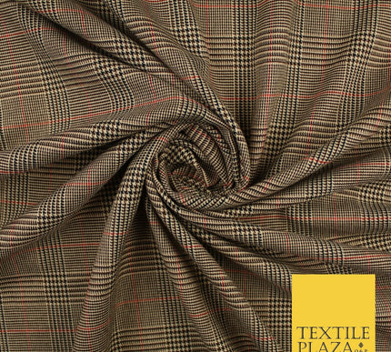 Beige with Black & Red Tartan Check Dogtooth Scottish Polyviscose Fabric 10188