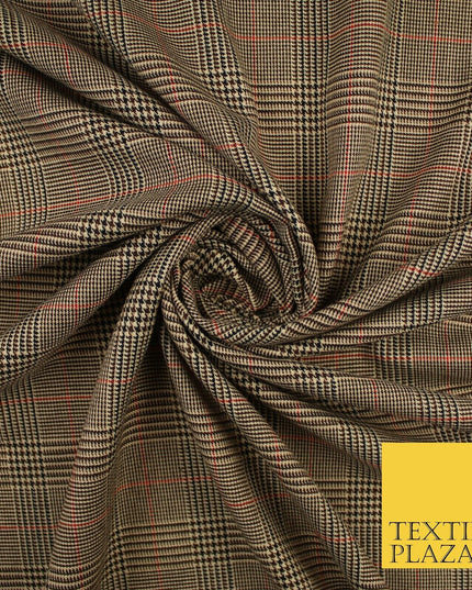 Beige with Black & Red Tartan Check Dogtooth Scottish Polyviscose Fabric 10188