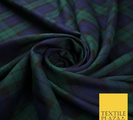 Black Watch Modern Tartan Check Green Blue Poly Viscose Fabric 58" Dress 10182