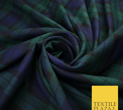 Black Watch Modern Tartan Check Green Blue Poly Viscose Fabric 58" Dress 10182