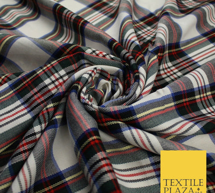 House of Stewart Inspired Tartan Check White Red Poly Viscose Fabric 58" 10187