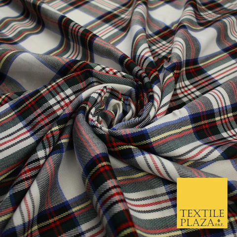 House of Stewart Inspired Tartan Check White Red Poly Viscose Fabric 58" 10187