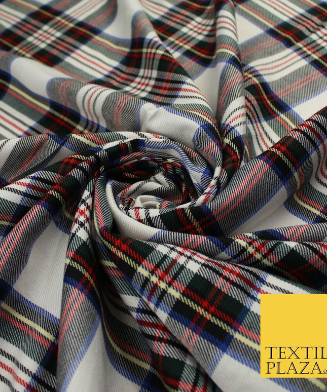 House of Stewart Inspired Tartan Check White Red Poly Viscose Fabric 58" 10187