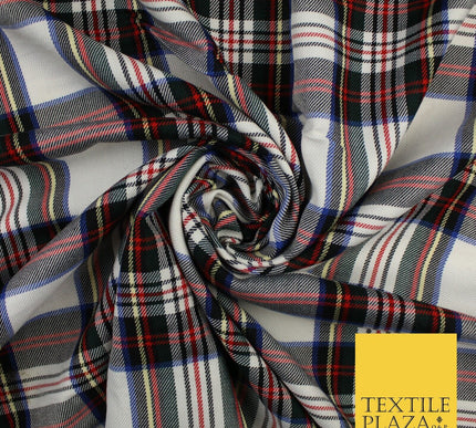House of Stewart Inspired Tartan Check White Red Poly Viscose Fabric 58" 10187
