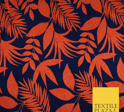 John Kaldor Blue Orange Large Tropical Leaves Dotted Jersey Fabric 58" 10169
