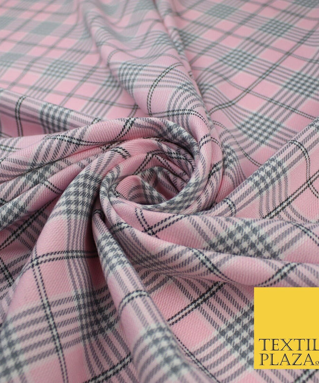 PINK WHITE TARTAN CHECK Irvine Inspired Poly Viscose Fabric 58" Dress Craft10178