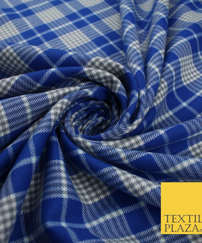 BLUE WHITE TARTAN CHECK Irvine Inspired Poly Viscose Fabric 58" Craft Dress10177