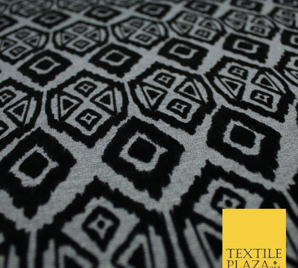 Grey Black African Tribal Aztec Flocked Stretch Jersey Fabric 56" 10114