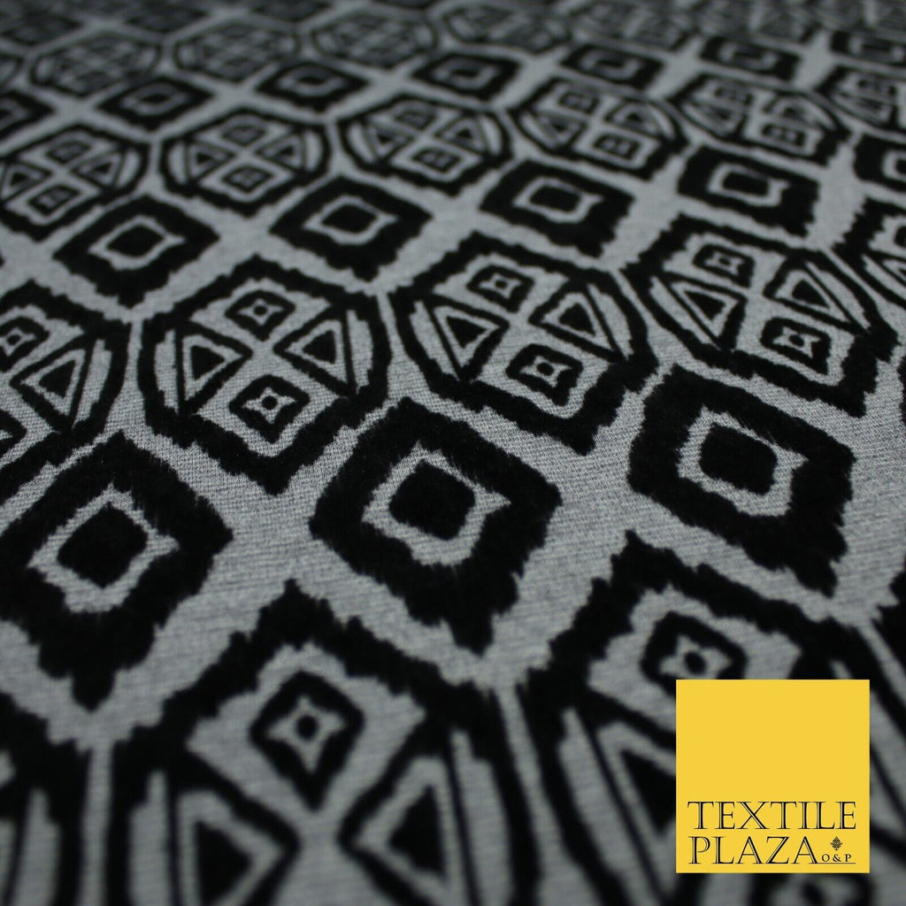 Grey Black African Tribal Aztec Flocked Stretch Jersey Fabric 56" 10114