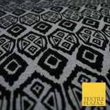 Grey Black African Tribal Aztec Flocked Stretch Jersey Fabric 56" 10114