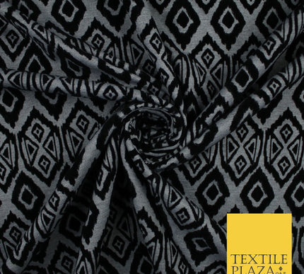 Grey Black African Tribal Aztec Flocked Stretch Jersey Fabric 56" 10114