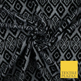 Grey Black African Tribal Aztec Flocked Stretch Jersey Fabric 56" 10114
