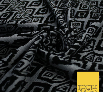 Grey Black African Tribal Aztec Flocked Stretch Jersey Fabric 56" 10114