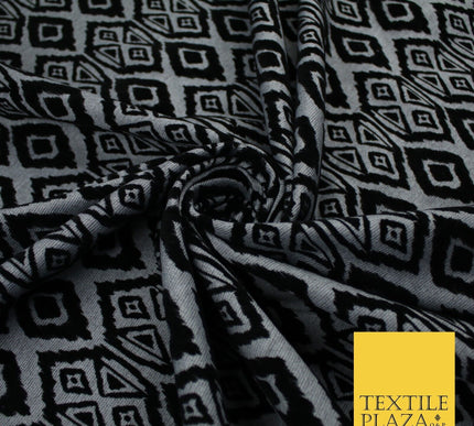 Grey Black African Tribal Aztec Flocked Stretch Jersey Fabric 56" 10114