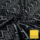 Grey Black African Tribal Aztec Flocked Stretch Jersey Fabric 56" 10114
