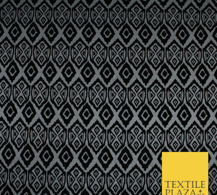 Grey Black African Tribal Aztec Flocked Stretch Jersey Fabric 56" 10114