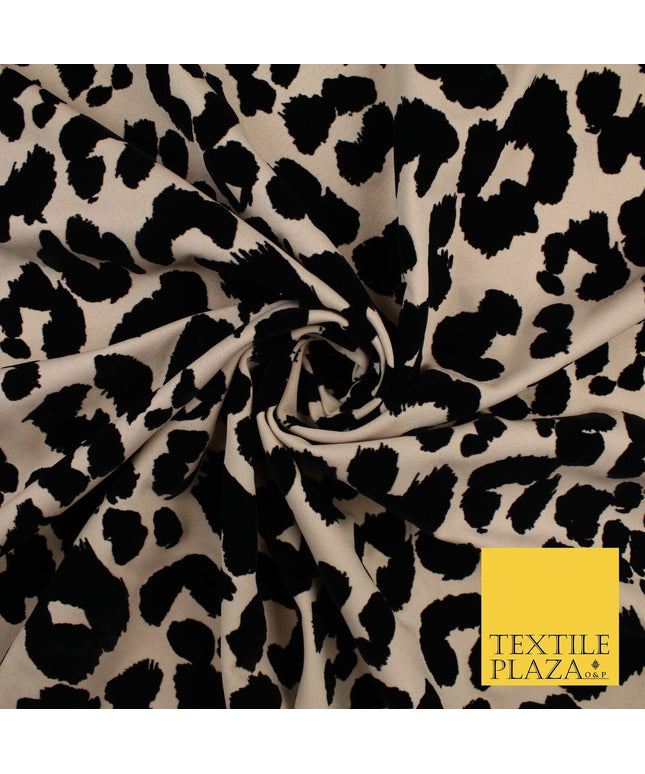 Beige Black Leopard Animal Print Flocked Stretch Jersey Fabric 56" 10113