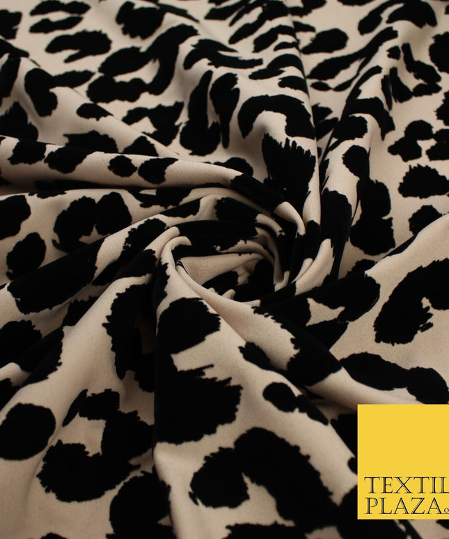 Beige Black Leopard Animal Print Flocked Stretch Jersey Fabric 56" 10113