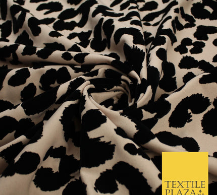 Beige Black Leopard Animal Print Flocked Stretch Jersey Fabric 56" 10113