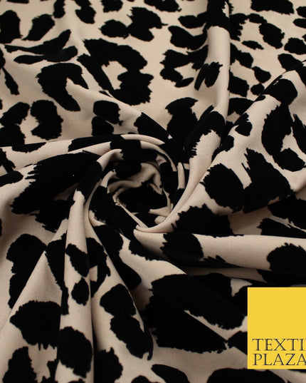 Beige Black Leopard Animal Print Flocked Stretch Jersey Fabric 56" 10113