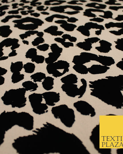 Beige Black Leopard Animal Print Flocked Stretch Jersey Fabric 56" 10113