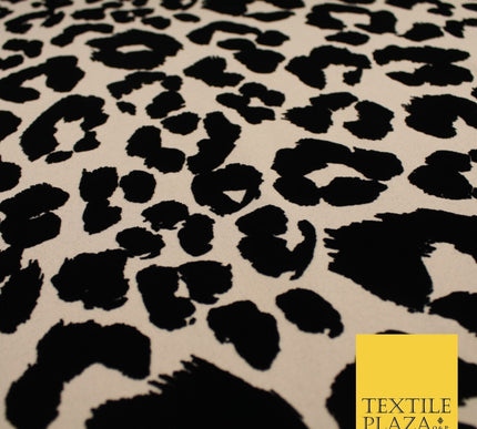 Beige Black Leopard Animal Print Flocked Stretch Jersey Fabric 56" 10113