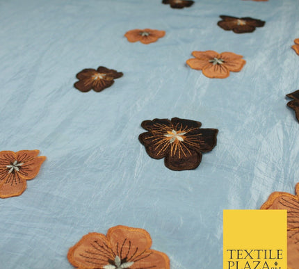 Blue Faux Silk Taffeta with Brown Rust Applique Flowers Dress Fabric 55" 10388