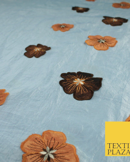 Blue Faux Silk Taffeta with Brown Rust Applique Flowers Dress Fabric 55" 10388