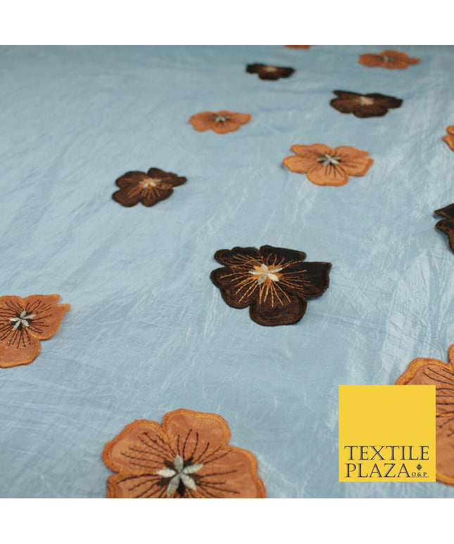 Blue Faux Silk Taffeta with Brown Rust Applique Flowers Dress Fabric 55" 10388