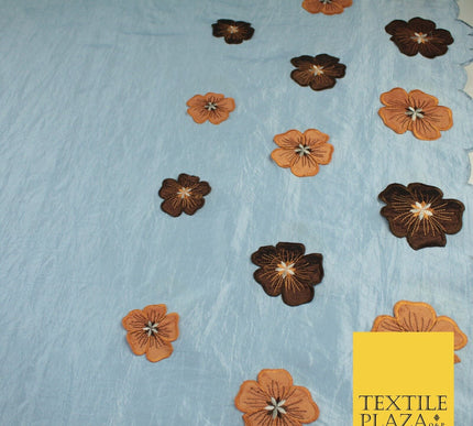 Blue Faux Silk Taffeta with Brown Rust Applique Flowers Dress Fabric 55" 10388