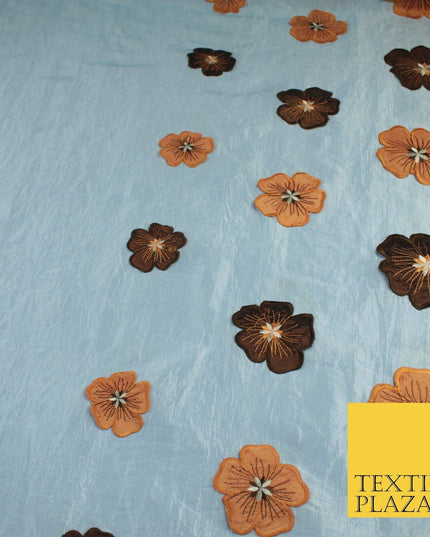 Blue Faux Silk Taffeta with Brown Rust Applique Flowers Dress Fabric 55" 10388