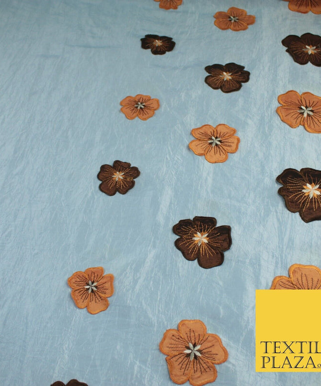 Blue Faux Silk Taffeta with Brown Rust Applique Flowers Dress Fabric 55" 10388