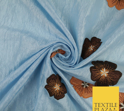 Blue Faux Silk Taffeta with Brown Rust Applique Flowers Dress Fabric 55" 10388