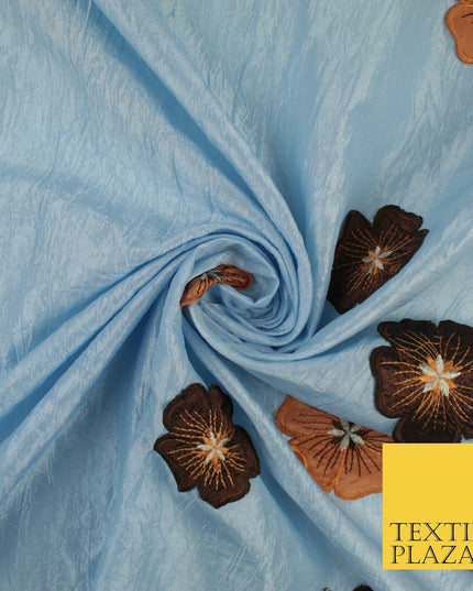 Blue Faux Silk Taffeta with Brown Rust Applique Flowers Dress Fabric 55" 10388