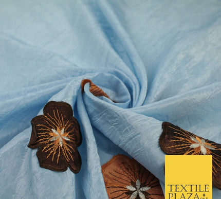 Blue Faux Silk Taffeta with Brown Rust Applique Flowers Dress Fabric 55" 10388