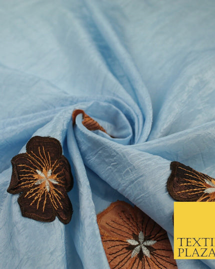 Blue Faux Silk Taffeta with Brown Rust Applique Flowers Dress Fabric 55" 10388