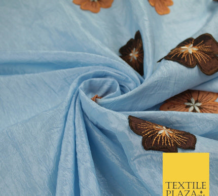 Blue Faux Silk Taffeta with Brown Rust Applique Flowers Dress Fabric 55" 10388