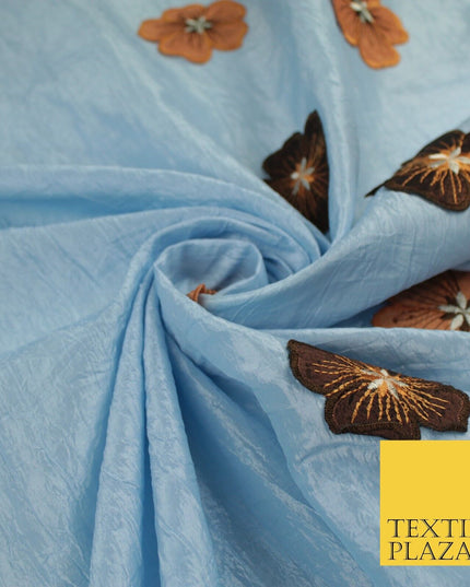 Blue Faux Silk Taffeta with Brown Rust Applique Flowers Dress Fabric 55" 10388