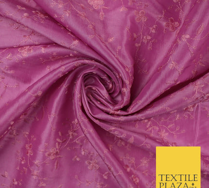 Pink Faux Silk Taffeta with Vine Flower Thread work Embroidery Fabric 59" 10386