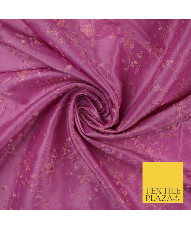 Pink Faux Silk Taffeta with Vine Flower Thread work Embroidery Fabric 59" 10386