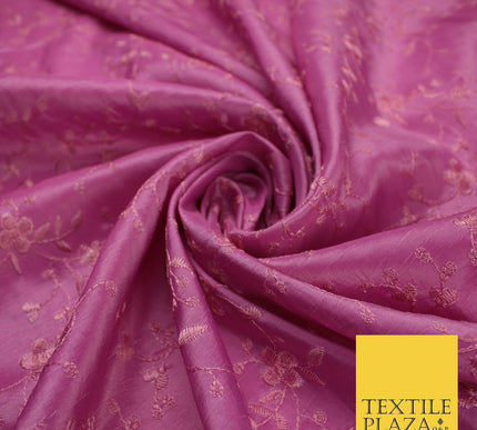 Pink Faux Silk Taffeta with Vine Flower Thread work Embroidery Fabric 59" 10386