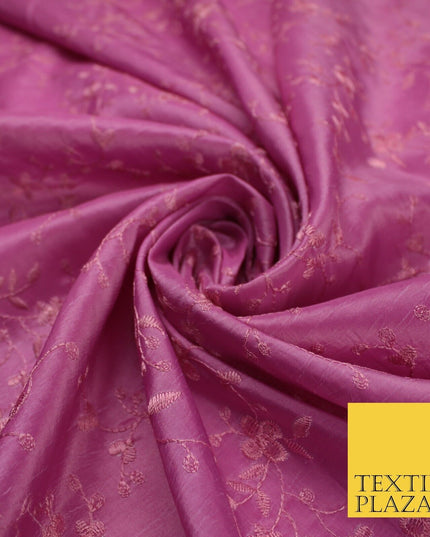 Pink Faux Silk Taffeta with Vine Flower Thread work Embroidery Fabric 59" 10386