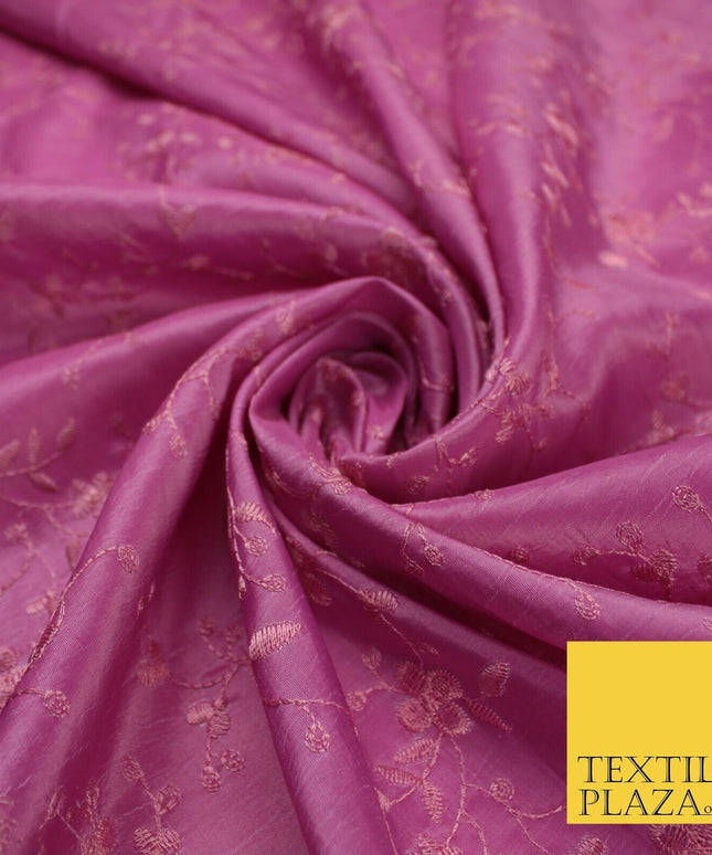 Pink Faux Silk Taffeta with Vine Flower Thread work Embroidery Fabric 59" 10386