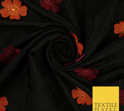 Black Faux Silk Taffeta with Orange Wine Applique Flowers Dress Fabric 56" 10385