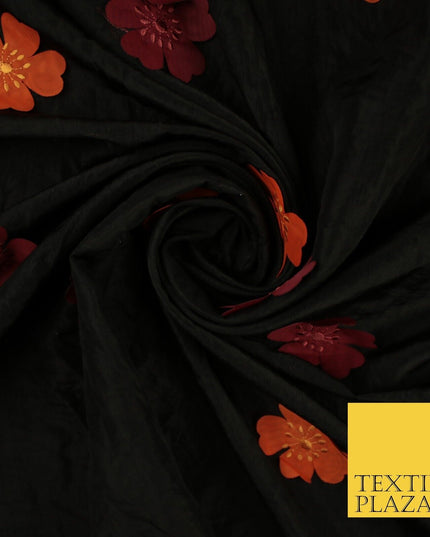 Black Faux Silk Taffeta with Orange Wine Applique Flowers Dress Fabric 56" 10385