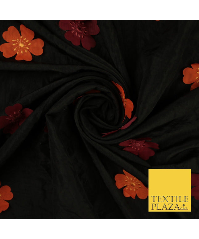 Black Faux Silk Taffeta with Orange Wine Applique Flowers Dress Fabric 56" 10385